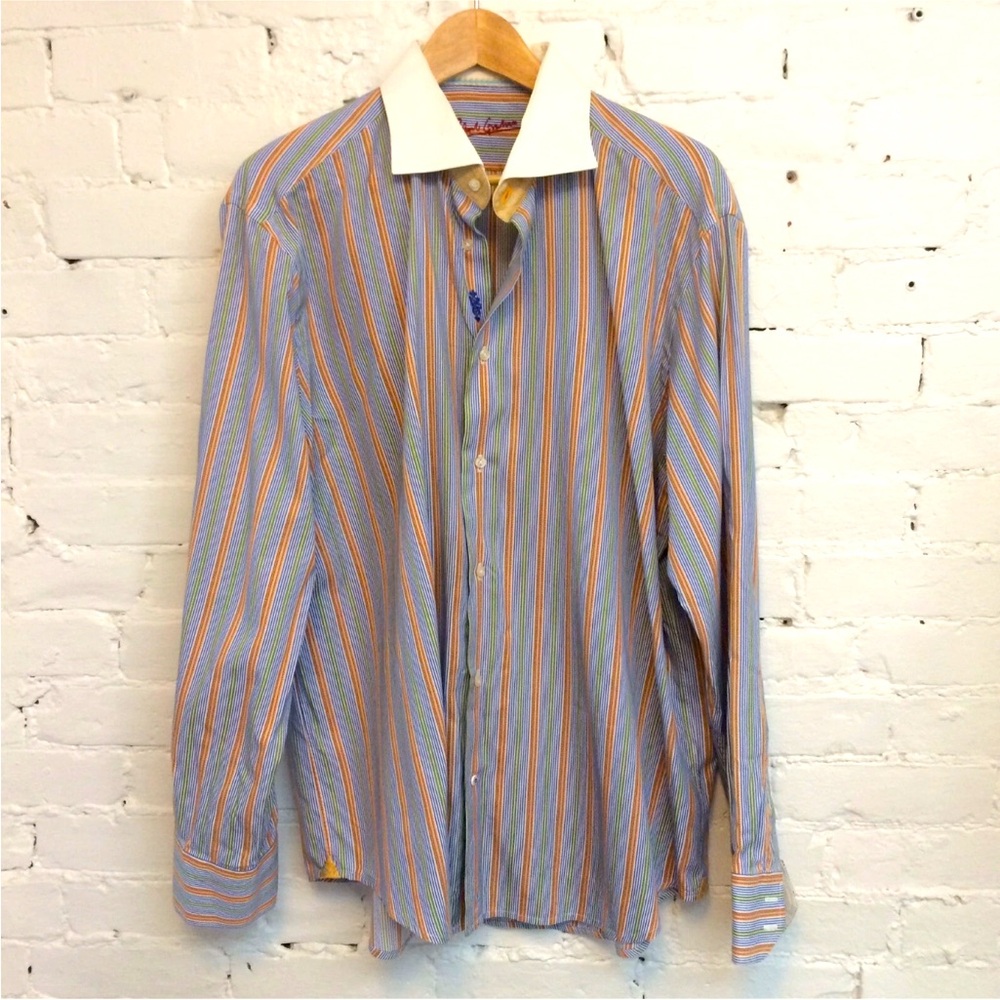 Robert Graham striped button up shirt blue orange size xl 44